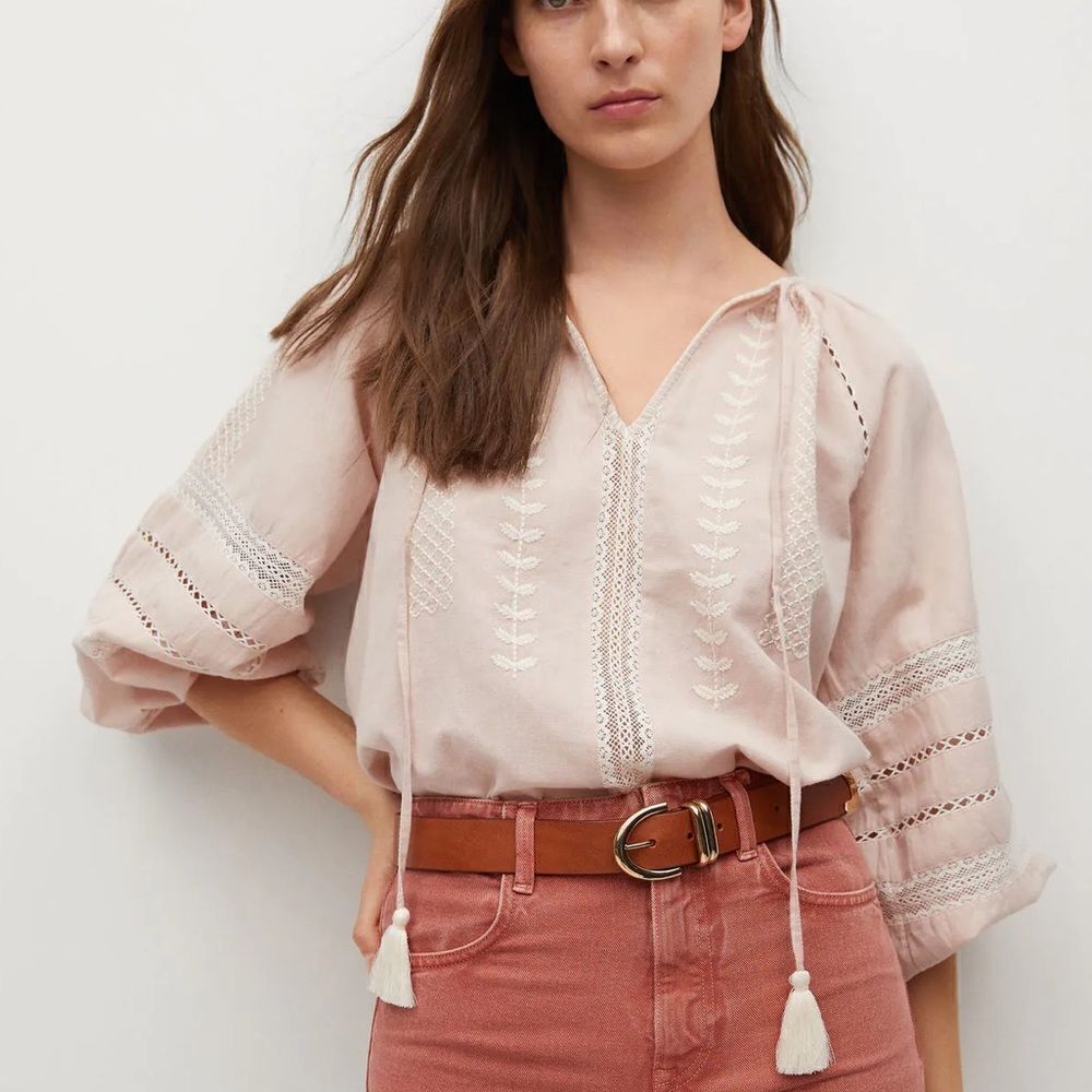 Mango Cotton Linen Blouse Embroidered New